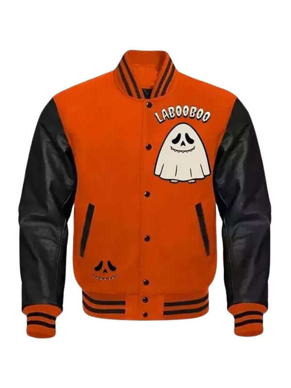 Ghostface x Labubu Varsity Jacket – Halloween Streetwear Orange & Black Wool Leather | Arna Luxe