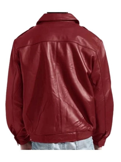 Men’s red lambskin bomber jacket with moto shirt-style collar and zip-front design