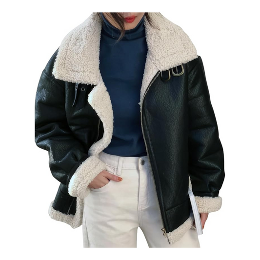 Women’s Black Bomber Genuine Sheepskin Sherpa Faux Fur Lined Aviator Winter Military Leather Jacket