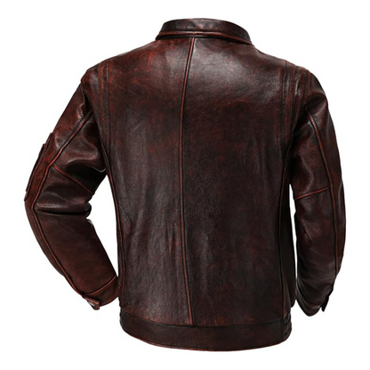 Brown leather jacket shown from the back on a white background