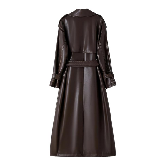 Brown leather trench coat on a white background