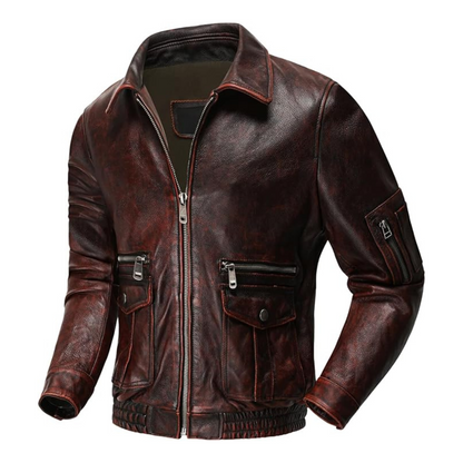 Brown leather jacket with zippers on a white background