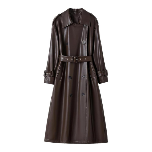 Brown leather trench coat on a white background