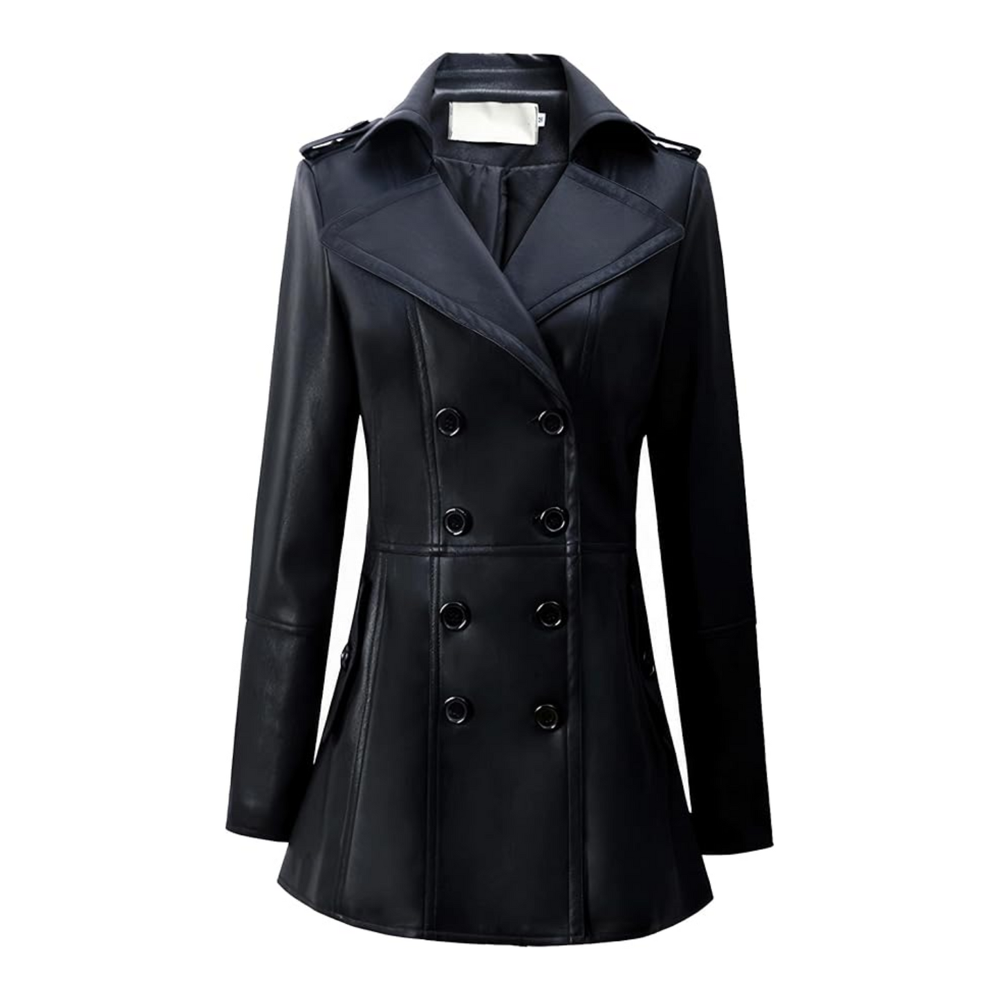 Black leather coat with double-breasted buttons on a white background