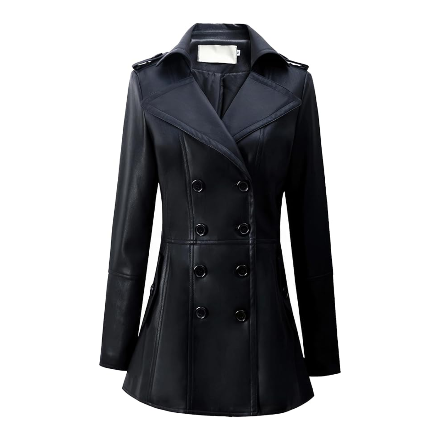 Black leather coat with double-breasted buttons on a white background