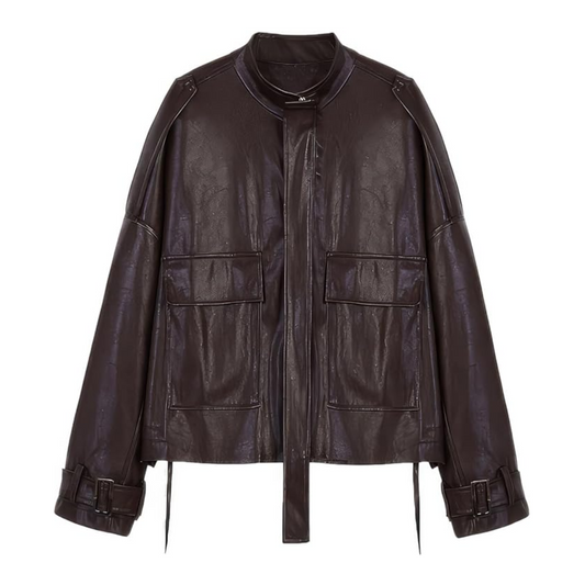 Brown leather jacket on a white background