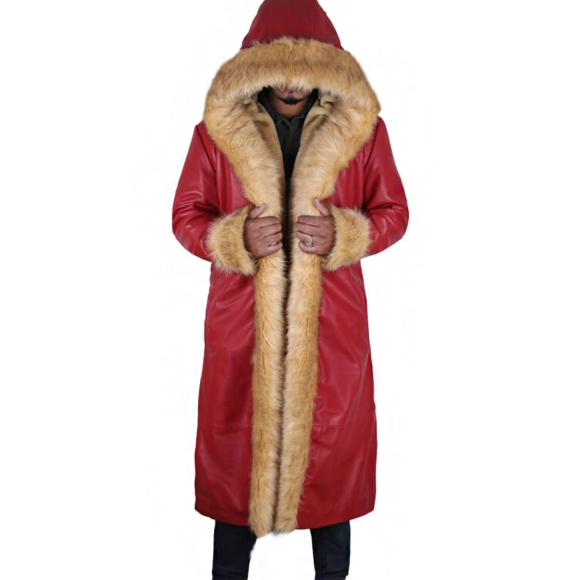 Santa Claus red wool coat inspired by Kurt Russell in The Christmas Chronicles – fur-trimmed festive jacket for men