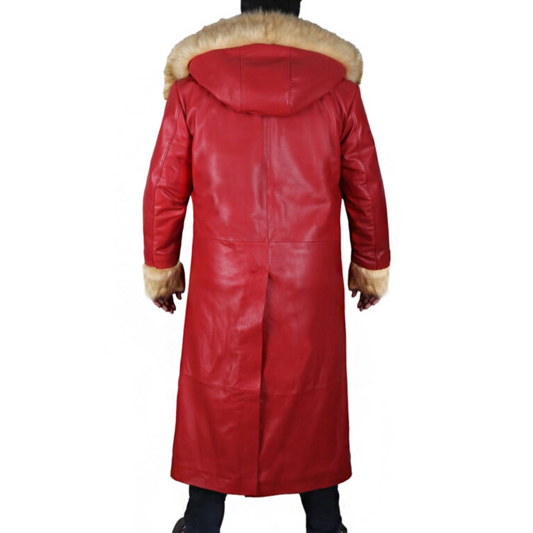 Santa Claus red wool coat inspired by Kurt Russell in The Christmas Chronicles – fur-trimmed festive jacket for men