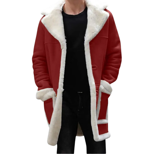Men’s Red Wool Trench Coat – Santa Style with Sherpa Lining