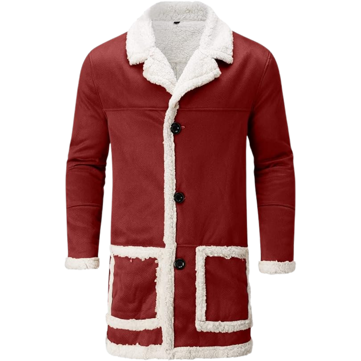 Men’s Red Wool Trench Coat – Santa Style with Sherpa Lining