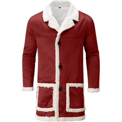 Men’s Red Wool Trench Coat – Santa Style with Sherpa Lining