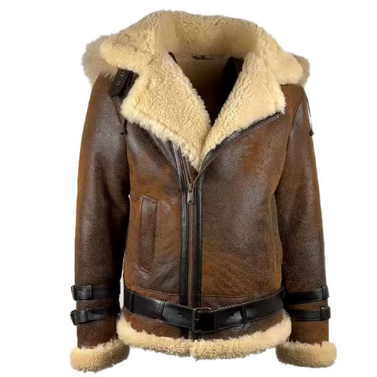 Rocco Vintage Aviator Jacket in distressed brown leather with shearling lining and fox fur hood for men