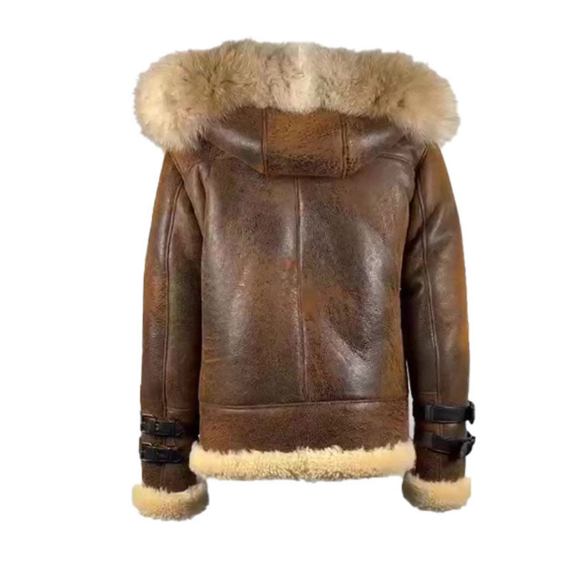 Rocco Vintage Aviator Jacket in distressed brown leather with shearling lining and fox fur hood for men