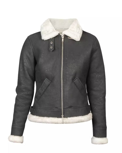 White Shearling B-3 Leather Bomber Grey Jacket