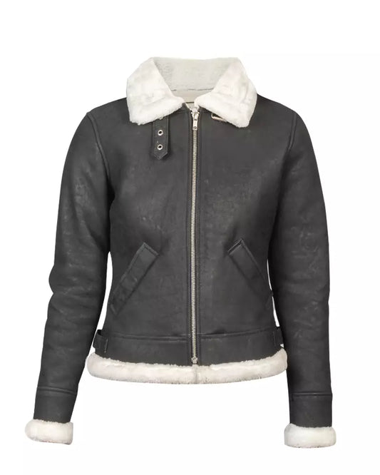 White Shearling B-3 Leather Bomber Grey Jacket
