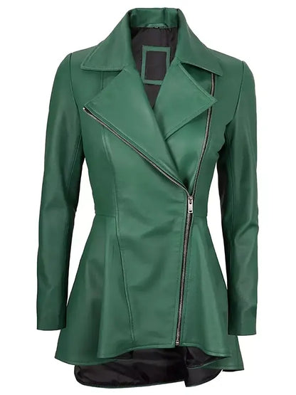 Women Biker Style Green Leather Peplum Jacket