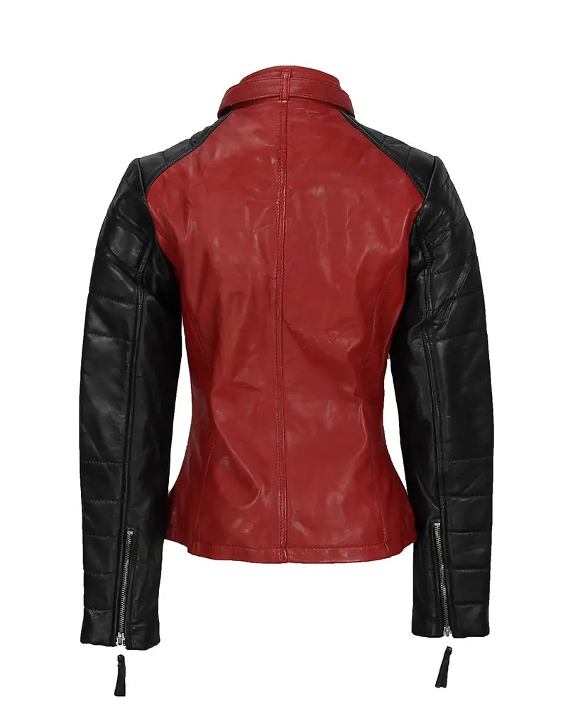 Women’s black and red leather biker jacket – edgy fitted moto jacket by Arna Luxe
