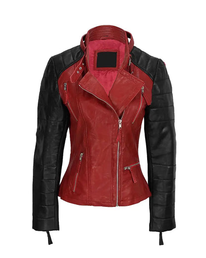 Women’s black and red leather biker jacket – edgy fitted moto jacket by Arna Luxe