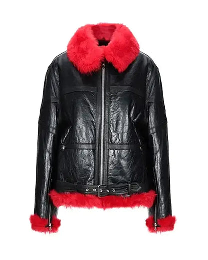 Women’s Aviator Bomber Jacket – Black Leather with Red Fur Collar