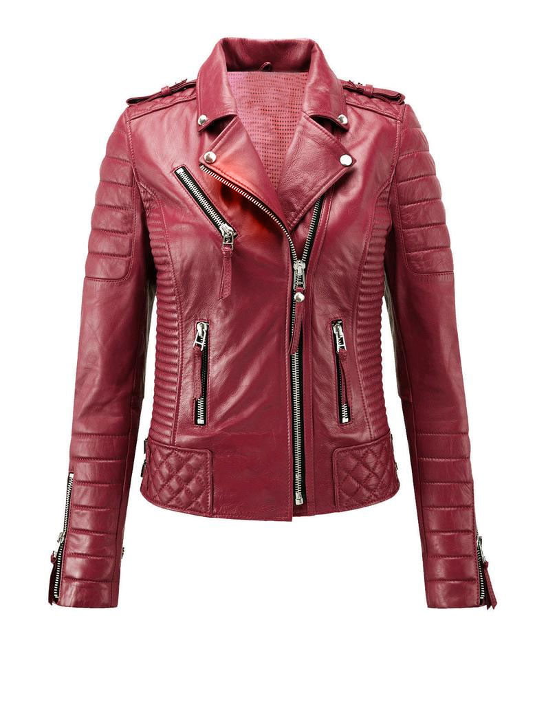Women’s biker red leather jacket – edgy fitted moto jacket by Arna Luxe