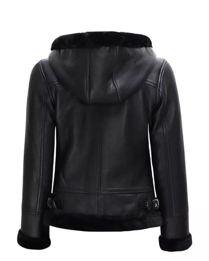Women’s Black Shearling Leather Jacket With Hood