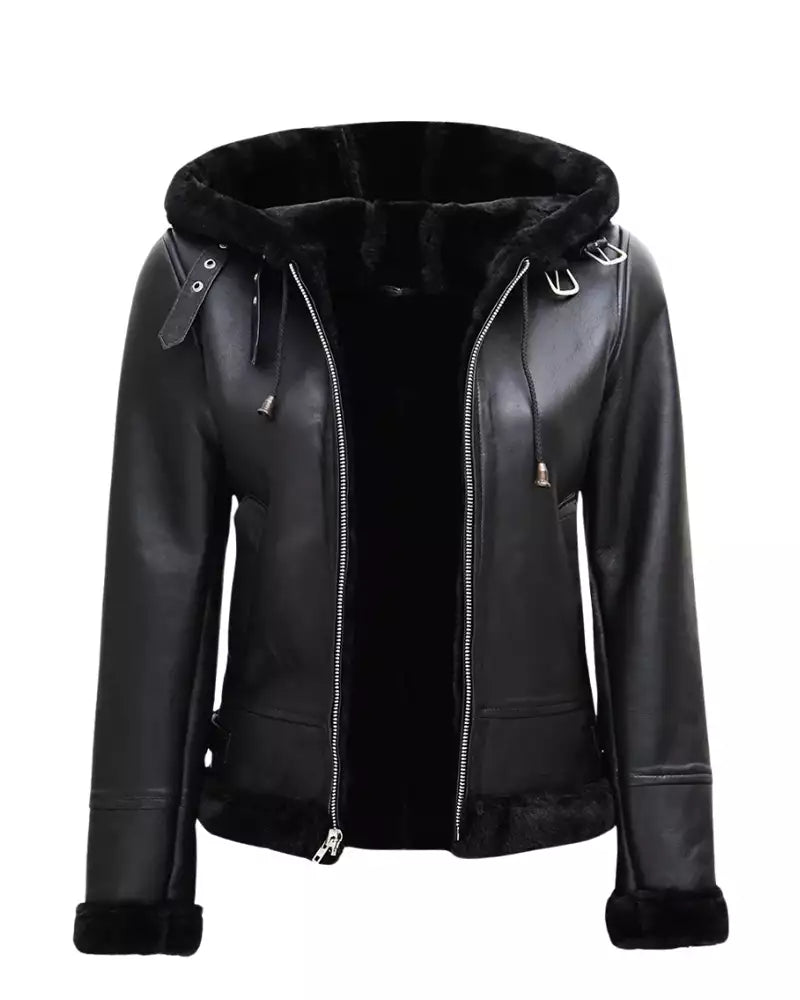 Women’s Black Shearling Leather Jacket With Hood