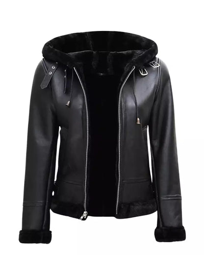 Women’s Black Shearling Leather Jacket With Hood