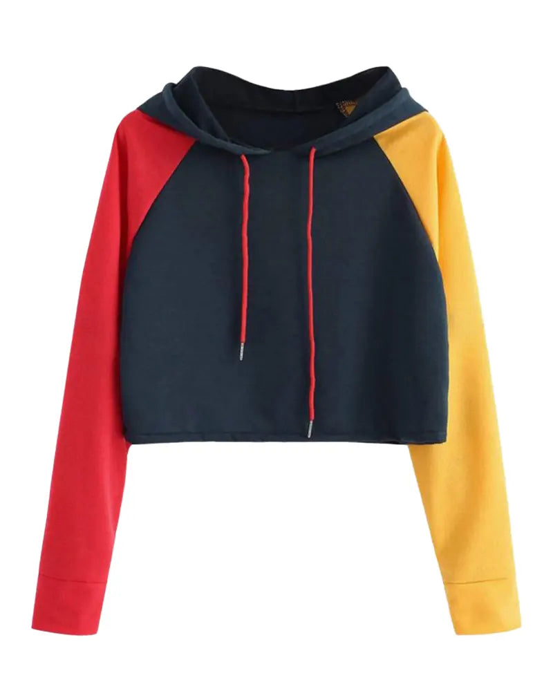 womens colorblock cropped hoodie fleece pullover streetwear style