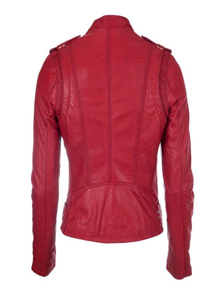 Women’s red leather biker jacket with double zipper front and belted waist