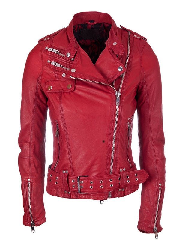 Women’s red leather biker jacket with double zipper front and belted waist