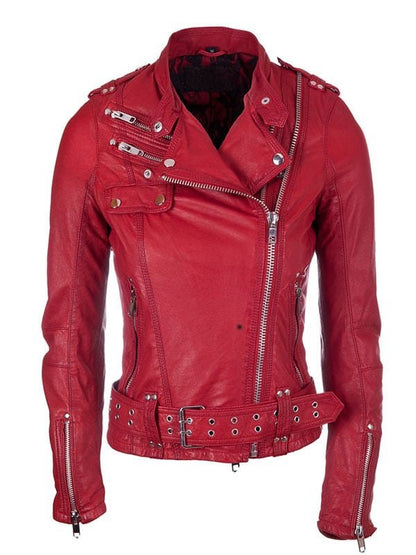 Women’s red leather biker jacket with double zipper front and belted waist