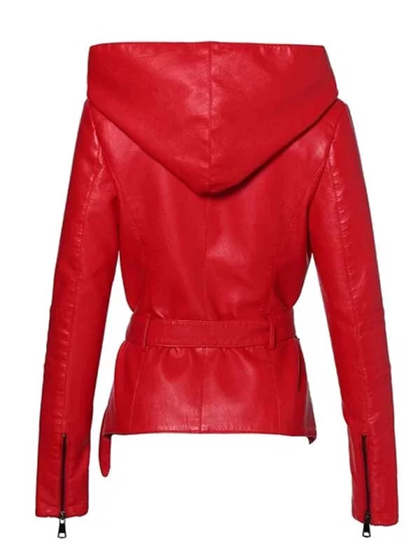 Women’s red hooded leather biker jacket with zipper cuffs and front zip closure