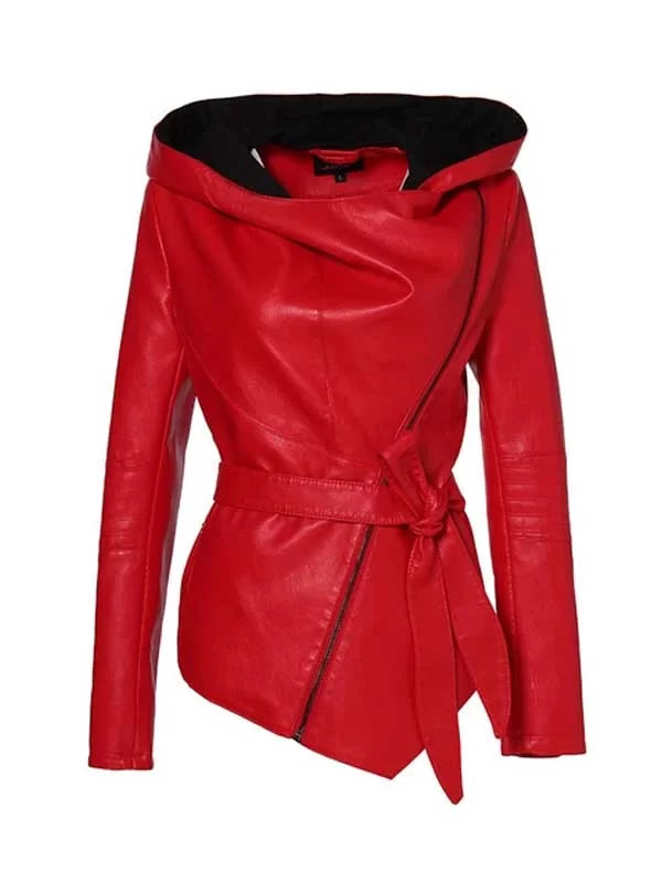 Women’s red hooded leather biker jacket with zipper cuffs and front zip closure