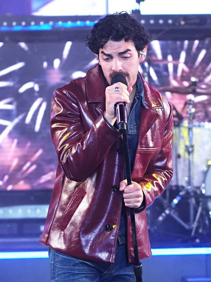 Joe Jonas burgundy leather jacket inspired by New Year’s Rockin’ Eve performance, men’s biker-style winter jacket