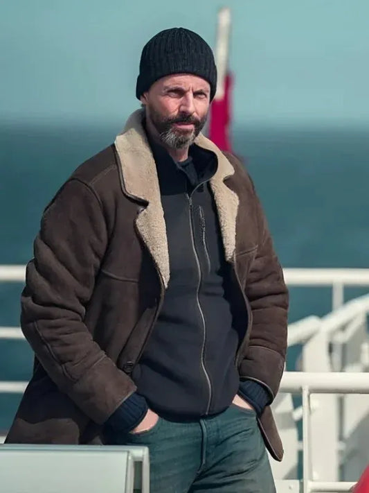 Dept. Q S01 Matthew Goode Brown Shearling Coat
