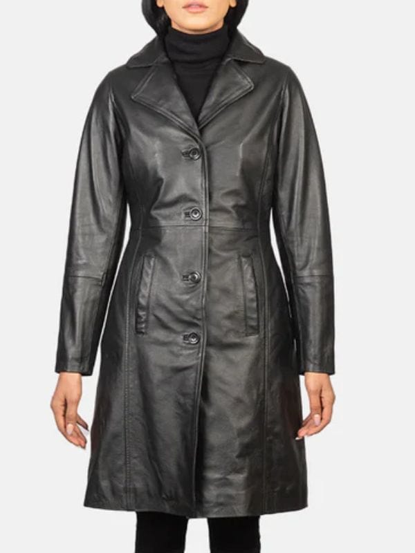 Alexis Single Breasted Black Leather Coat