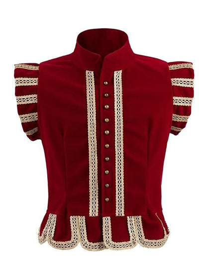 Tudor Renaissance red velvet vest doublet with stand collar historical design