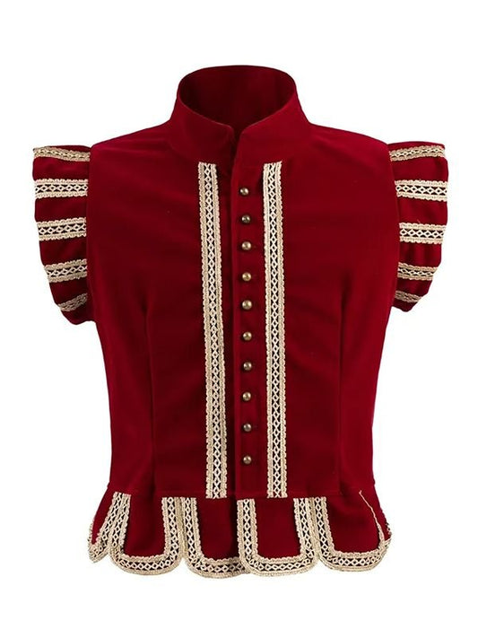 Tudor Renaissance red velvet vest doublet with stand collar historical design