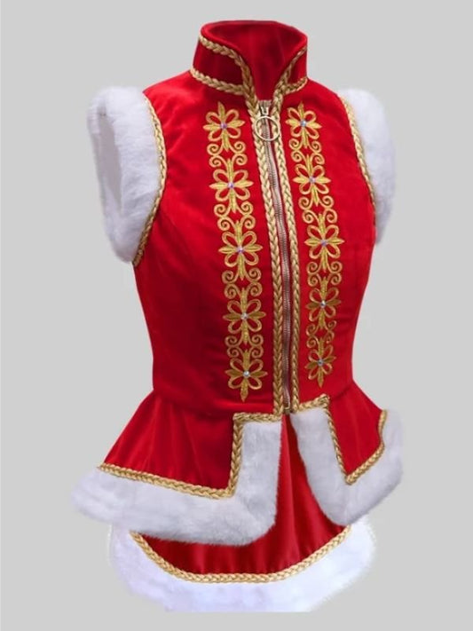 Women’s sleeveless red velvet jerkin vest for Christmas, elegant festive winter outfit