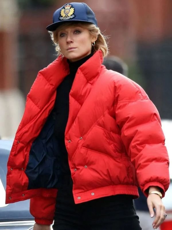 Princess Diana red puffer jacket inspired by The Crown Season 5, royal winter quilted coat for women