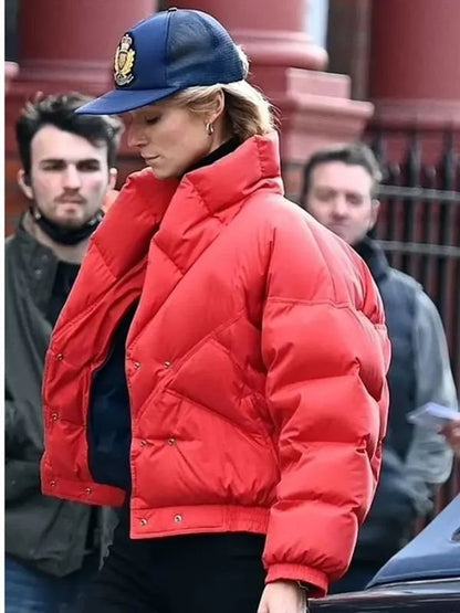 Princess Diana red puffer jacket inspired by The Crown Season 5, royal winter quilted coat for women