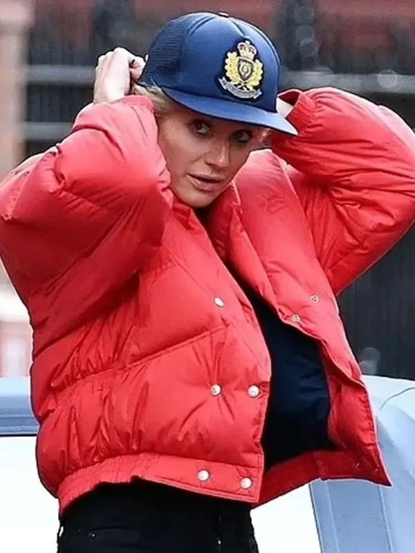 Princess Diana red puffer jacket inspired by The Crown Season 5, royal winter quilted coat for women