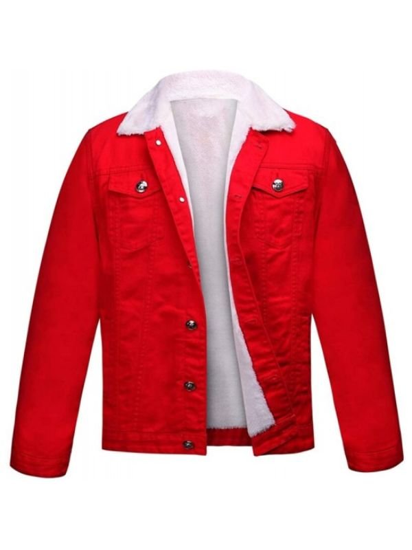 Christmas Red Denim Jacket with Fur Collar – Festive Trucker Style