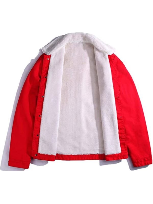 Christmas Red Denim Jacket with Fur Collar – Festive Trucker Style