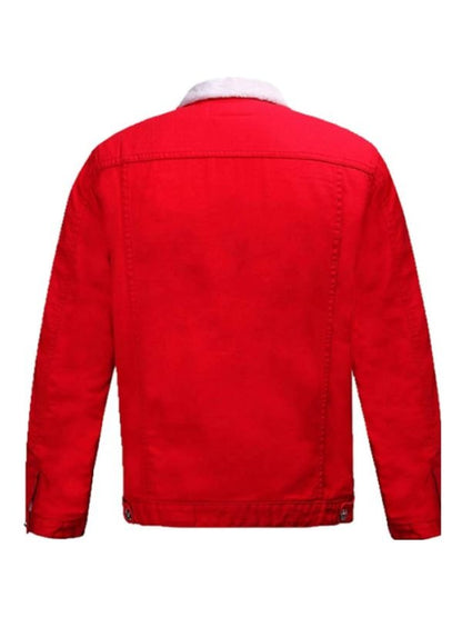 Christmas Red Denim Jacket with Fur Collar – Festive Trucker Style