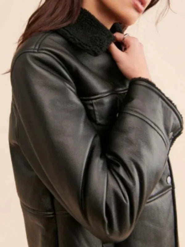 Women Sherpa Oversize Black Shearling Leather Jacket