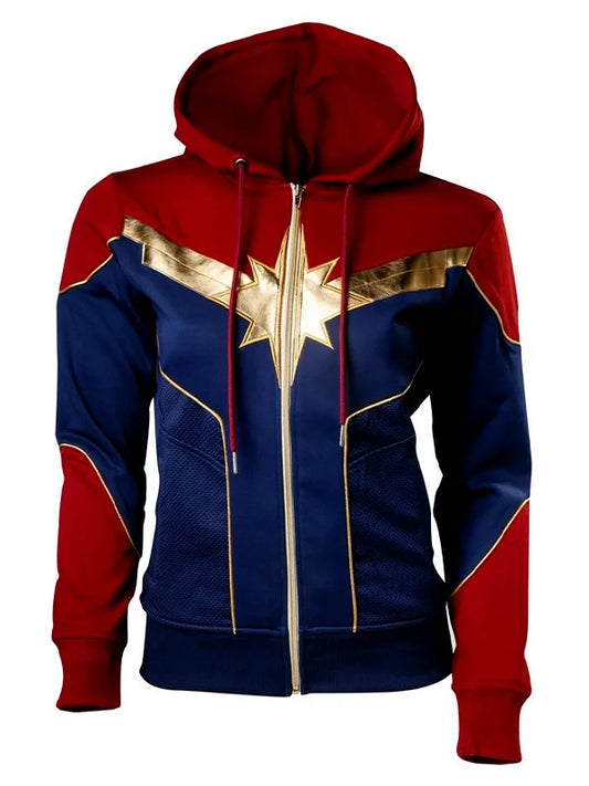 Captain Marvel Carol Danvers Hoodie - Red & Blue Superhero Zip-Up