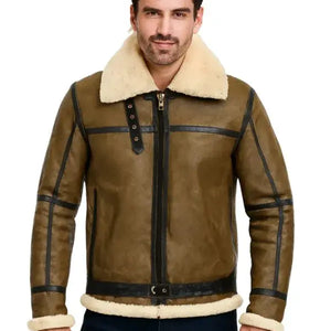 Army Greenish Brown Shearling Leather Jacket
