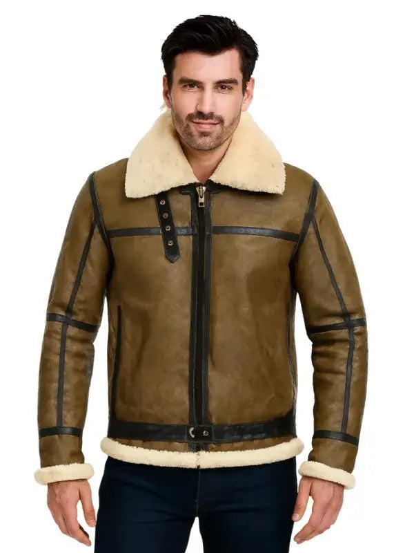Army Greenish Brown Shearling Leather Jacket