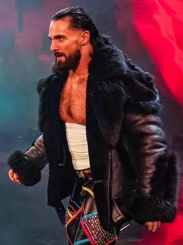 Seth Rollins WWE Black Shearling Leather Jacket